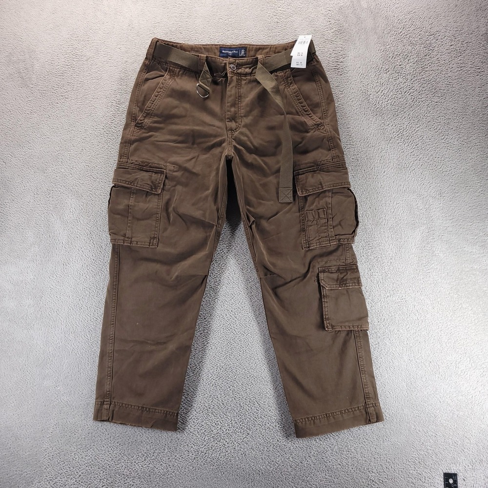 Abercrombie & Fitch Pants Mens 32x28 Brown Loose Cargo Belted Pockets Casual